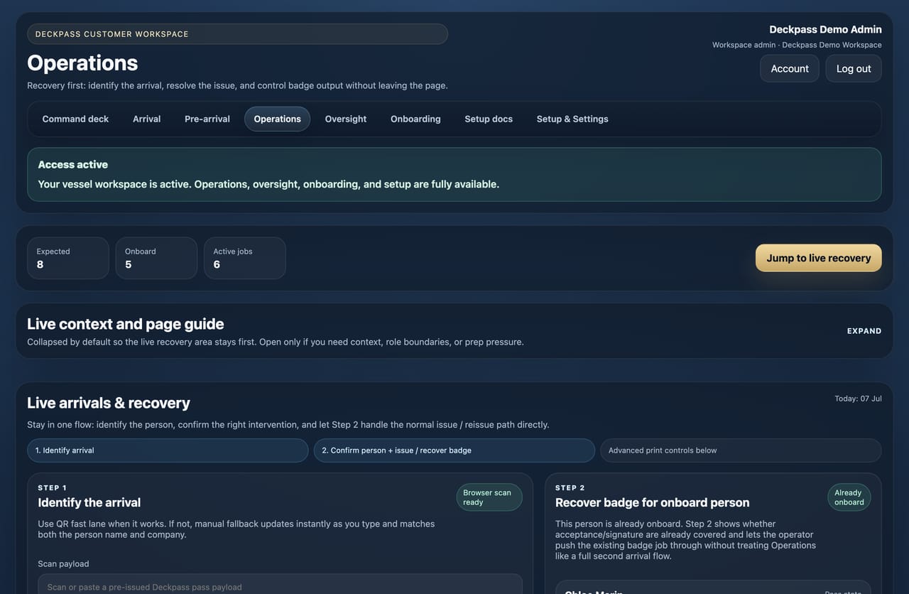 Deckpass operations console with live arrival recovery, QR fast lane, and badge print controls.