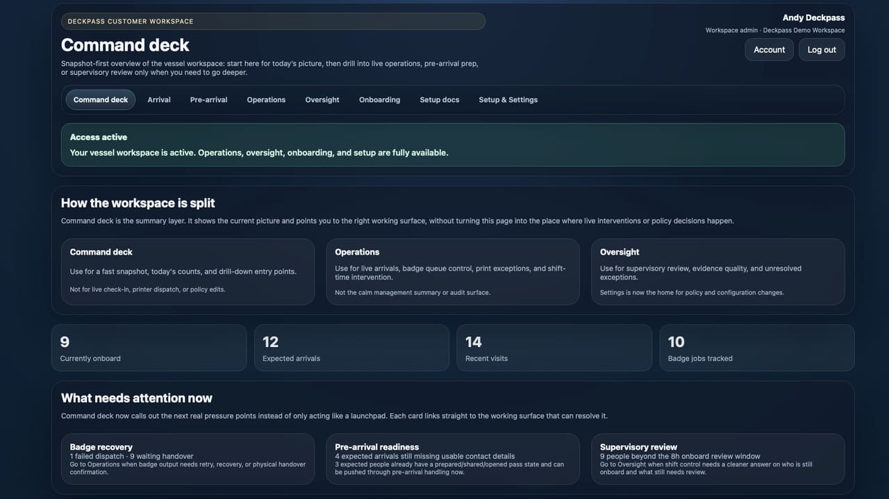 Deckpass oversight screenshot from the demo workspace showing onboard visibility, evidence review, and attention items.