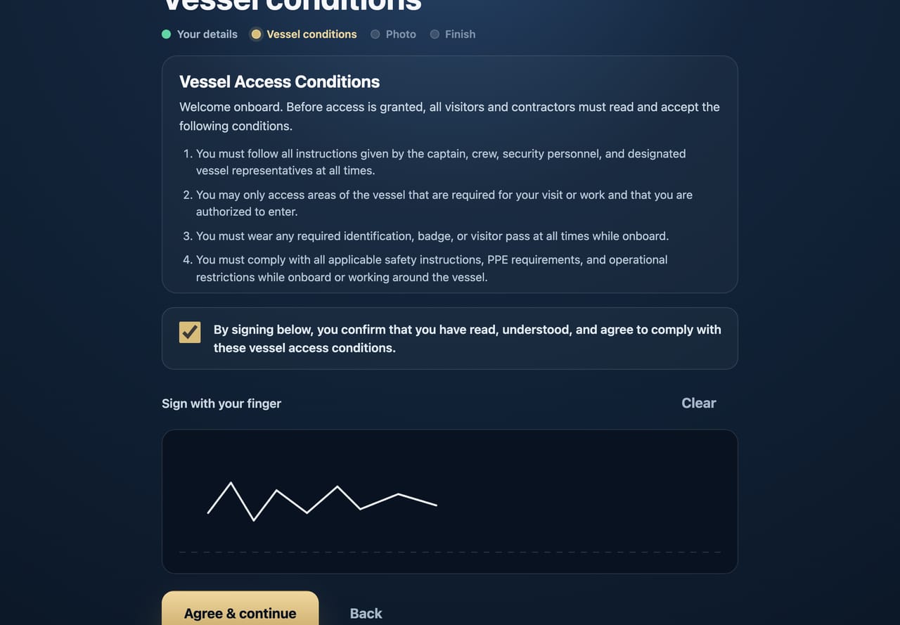 Deckpass kiosk vessel conditions step with acceptance checkbox and on-screen finger signature.