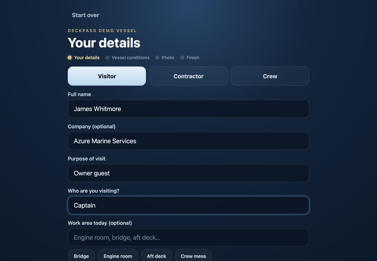 Deckpass kiosk visitor details step with name, company, purpose of visit, and host fields.