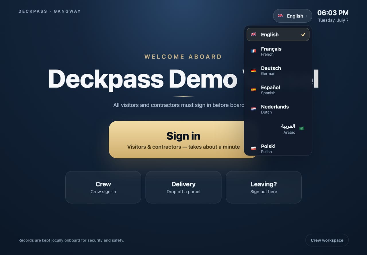Deckpass kiosk language selector open, offering English, French, German, Spanish, Dutch, Arabic, and Polish.