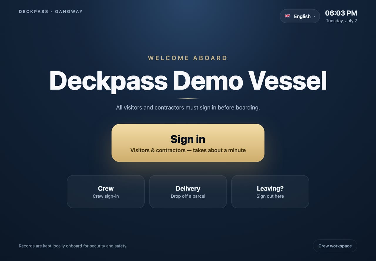Deckpass gangway kiosk welcome screen on a tablet, showing the vessel name, language selector, and sign-in, crew, delivery, and sign-out actions.